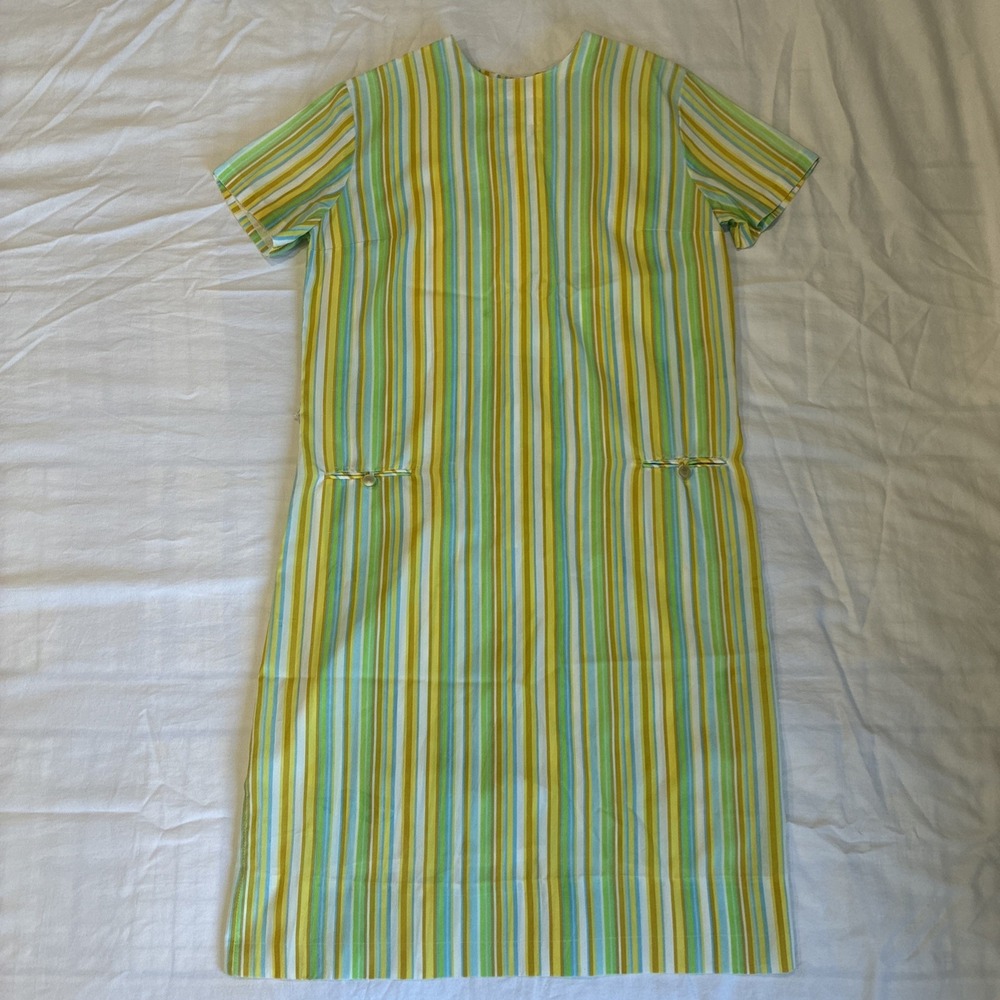 Vintage 60s 70s House Dress Women's Small Vertical Stripes Green Orange